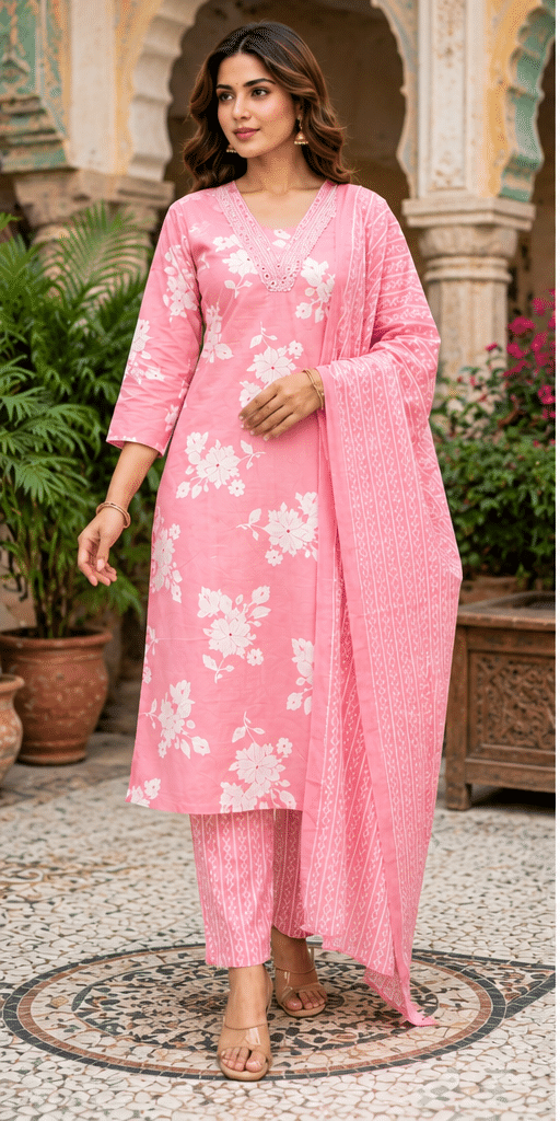 Blush_Pink_Product_Photo_1 Floral Printed Cotton Suit Set with Embroidered Neckline & Dupatta