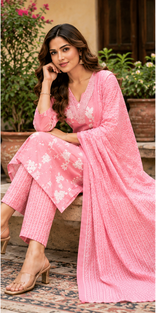 Blush_Pink_Product_Photo_2 Floral Printed Cotton Suit Set with Embroidered Neckline & Dupatta