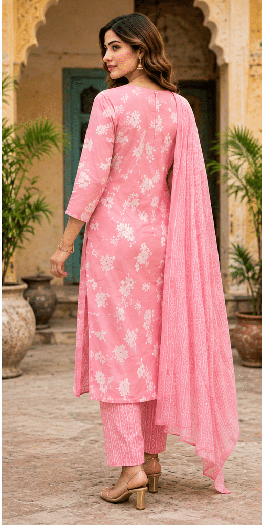 Blush_Pink_Product_Photo_3 Floral Printed Cotton Suit Set with Embroidered Neckline & Dupatta