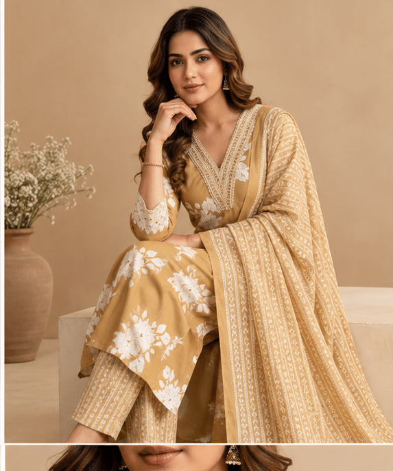 FilleFashion_Product_2_Seated_Editorial Floral Printed Cotton Suit Set with Embroidered Neckline & Dupatta