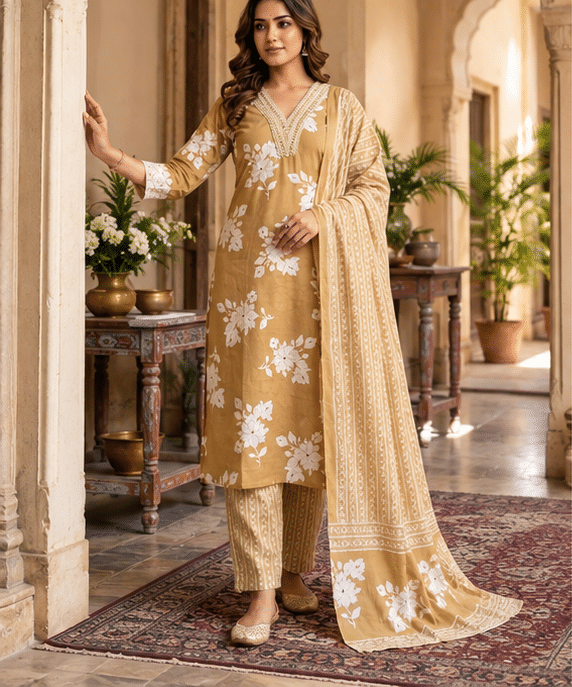 FilleFashion_Product_3_Heritage_Pose Floral Printed Cotton Suit Set with Embroidered Neckline & Dupatta