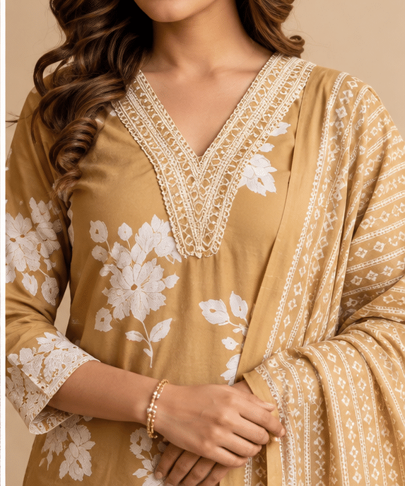 FilleFashion_Product_4_Detail_Closeup Floral Printed Cotton Suit Set with Embroidered Neckline & Dupatta