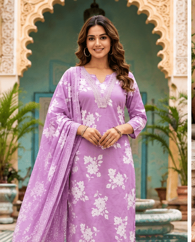 Lavender_Purple_Photo_1 Floral Printed Cotton Suit Set with Embroidered Neckline & Dupatta