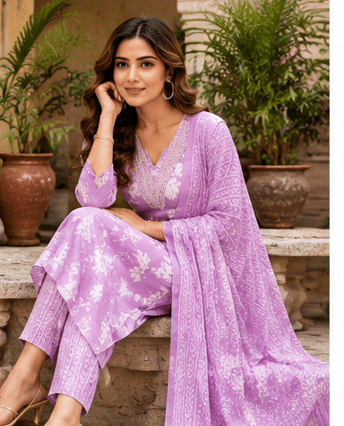 Lavender_Purple_Photo_2 Floral Printed Cotton Suit Set with Embroidered Neckline & Dupatta
