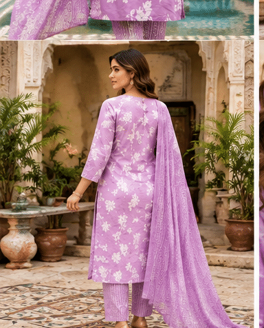 Lavender_Purple_Photo_3 Floral Printed Cotton Suit Set with Embroidered Neckline & Dupatta