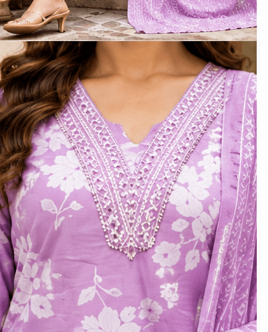 Lavender_Purple_Photo_4 Floral Printed Cotton Suit Set with Embroidered Neckline & Dupatta