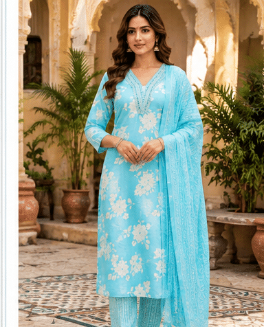 Sky_Blue_Photo_1 Floral Printed Cotton Suit Set with Embroidered Neckline & Dupatta