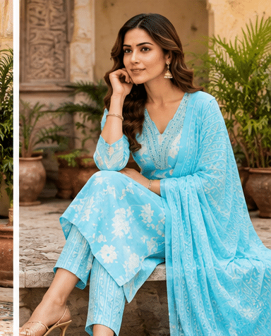 Sky_Blue_Photo_2 Floral Printed Cotton Suit Set with Embroidered Neckline & Dupatta