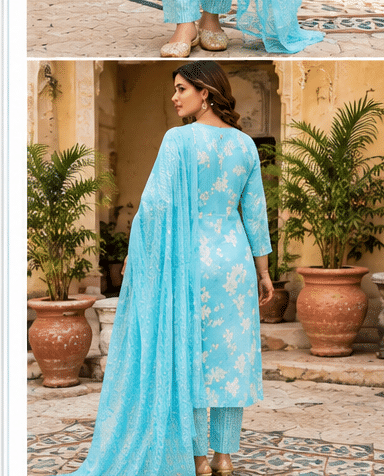 Sky_Blue_Photo_3 Floral Printed Cotton Suit Set with Embroidered Neckline & Dupatta