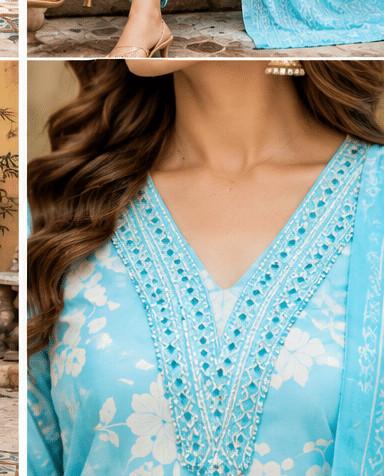 Sky_Blue_Photo_4 Floral Printed Cotton Suit Set with Embroidered Neckline & Dupatta