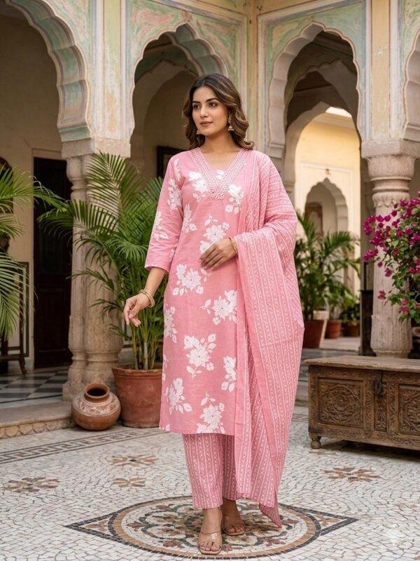 Floral Printed Cotton Suit Set with Embroidered Neckline & Dupatta Floral Printed Cotton Suit Set with Embroidered Neckline & Dupatta