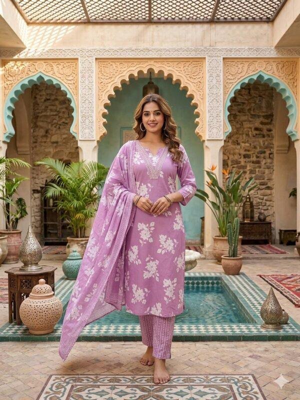 Floral Printed Cotton Suit Set with Embroidered Neckline & Dupatta Floral Printed Cotton Suit Set with Embroidered Neckline & Dupatta