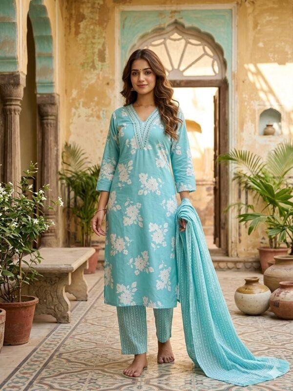 Floral Printed Cotton Suit Set with Embroidered Neckline & Dupatta Floral Printed Cotton Suit Set with Embroidered Neckline & Dupatta