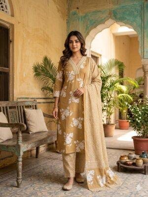 Floral Printed Cotton Suit Set with Embroidered Neckline & Dupatta